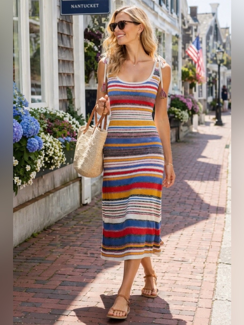 Veronica Beard Multicolor Striped Tie-Shoulder Knit Midi Dress